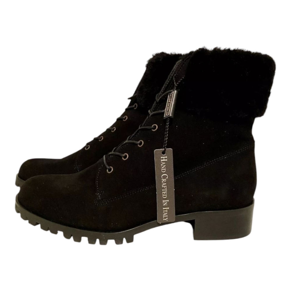 Grigiarancio Hand Crafted Italy Black Suede Shearling Cuff Lace‎ Up Ankle Boots